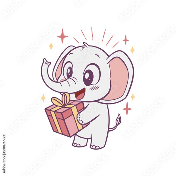 Obraz A cute cartoon baby elephant holds a pink gift box with a yellow bow, radiating joy and excitement.