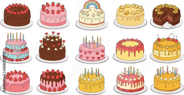 Fototapeta Colorful Birthday Cake Collection with Rainbow, Fruits, and Candles for Festive Celebrations flat vector illustration