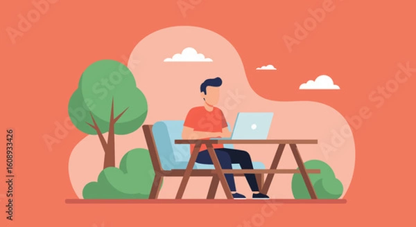 Fototapeta Man working on laptop outdoors, perfect for remote work, freelance, and digital nomad concepts.