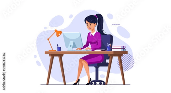 Fototapeta Happy businesswoman working on computer at her desk.  Perfect for websites, blogs, and presentations about business, work, and success.