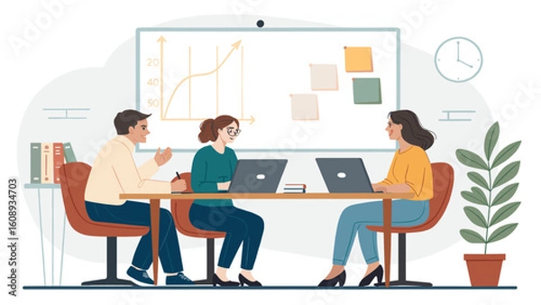 Fototapeta Diverse team brainstorming, collaborating on laptops and whiteboard. Ideal for business presentations, websites, and marketing materials.