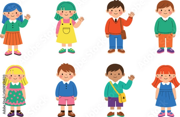 Fototapeta Adorable Cartoon Kids with Diverse Outfits and Friendly Expressions, Perfect for Children's Illustrations and Fun Designs flat vector illustration