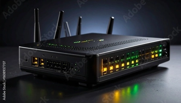 Obraz A black rectangular network device with multiple antennas and indicator lights sits on a dark surface