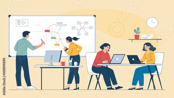 Fototapeta Teamwork and Collaboration: Illustration of a diverse team working together on a project, ideal for business presentations or website landing pages.