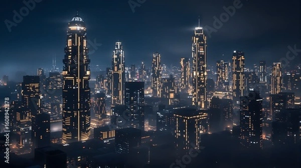 Fototapeta Gleaming futuristic city skyline at night with illuminated skyscrapers and vibrant urban glow
