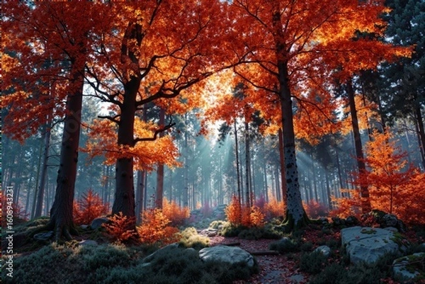 Fototapeta Ember-toned wallpapers featuring vibrant autumn leaves, sunlight filtering through trees. Concept of serene beauty, ember-toned wallpapers, autumn aesthetics enrich scene.