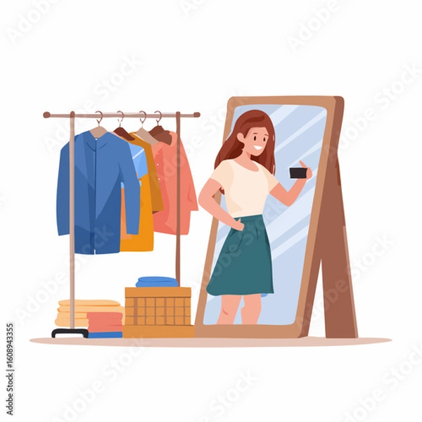 Fototapeta A young woman stands in front of a mirror, taking a selfie in a clothing store, surrounded by clothes on hangers and racks.