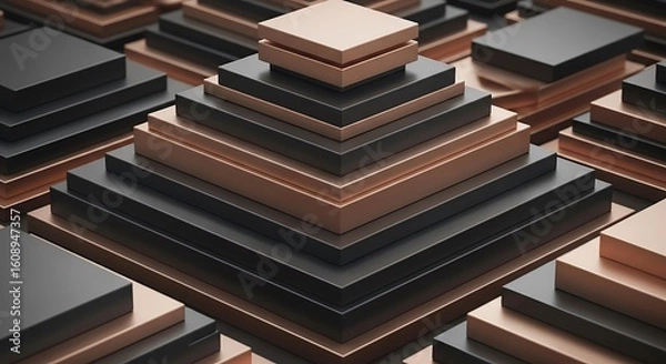 Fototapeta Elegant abstract 3D background showcasing pyramids of squares in bronze and black colors