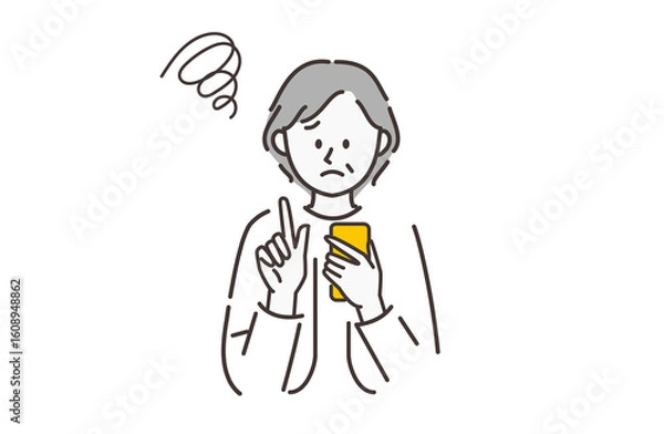 Obraz スマホを使っている不満げなシニア女性のイラスト