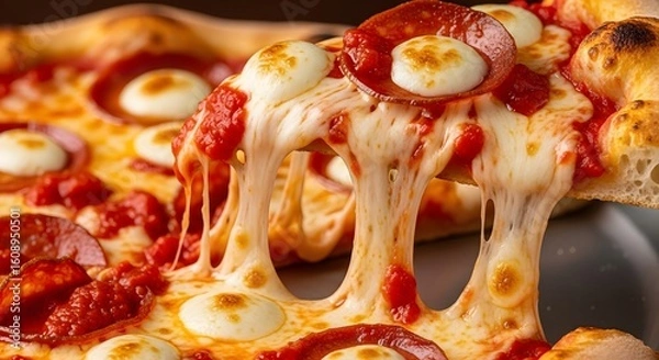 Fototapeta Rich tomato sauce blends into melted mozzarella in a savory stretch from the core of the pizza.