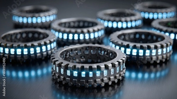 Obraz Futuristic Black Rotating Gear with Blue Led Lights in Dark Studio