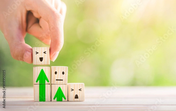 Fototapeta Set of emoji emoticons with sad and happy mood, evaluation, Increase rating, Customer experience, Satisfaction and best excellent services rating concept, Customer service evaluation.