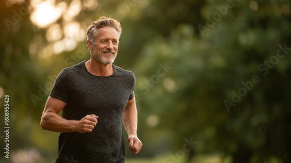 Fototapeta Handsome athletic senior elderly 50-year-old man fit fitness grandpa healthy lifestyle jogging in the park