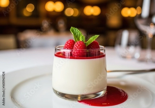 Obraz Delicious panna cotta dessert with fresh raspberries and mint served in a glass in a restaurant