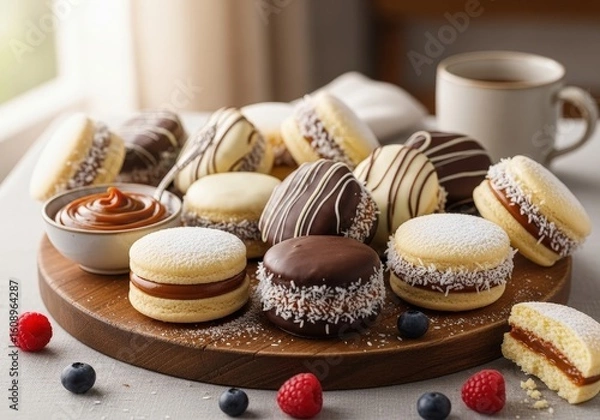 Fototapeta Delicious assortment of homemade alfajores with dulce de leche chocolate and coconut on a board