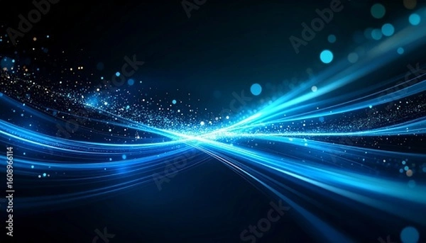 Obraz Ethereal video overlay showing blue and teal light streaks with floating dust motes and soft haze. Ideal for dreamy or ambient cinematic edits