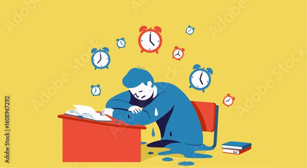 Fototapeta Schoolchild feeling stressed while studying at desk with clocks  