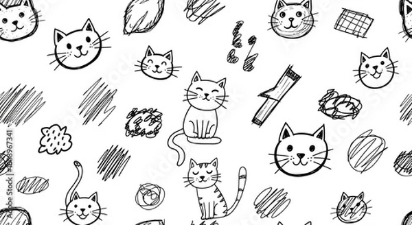 Obraz Seamless Pattern with Hand Drawn Cats and Scribbles on White