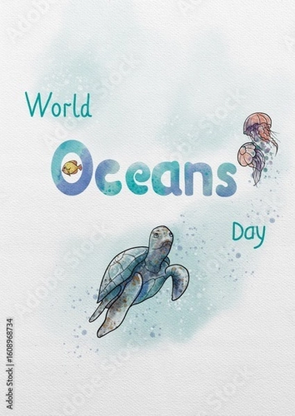 Fototapeta Watercolor postcard for World Ocean Day on textured paper background. Cute inhabitants of the underwater world turtle, jellyfish.