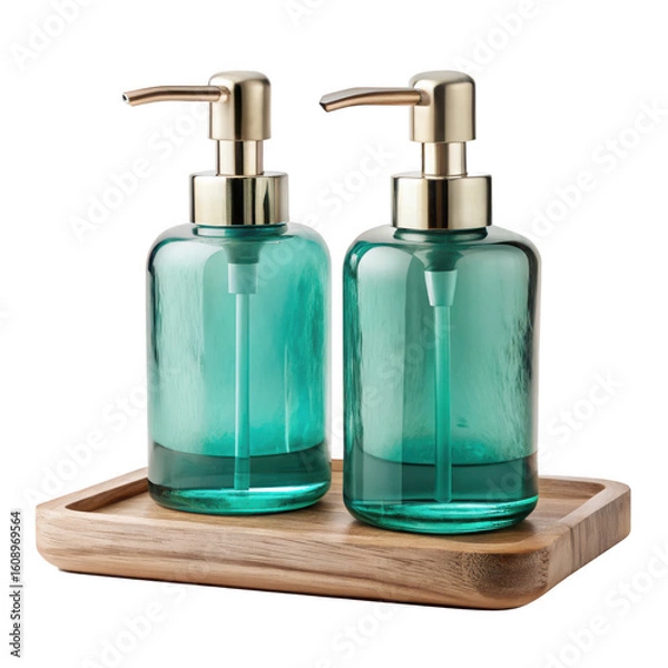 Fototapeta Aqua-Toned Glass Soap Dispensers on Wooden Tray on transparent