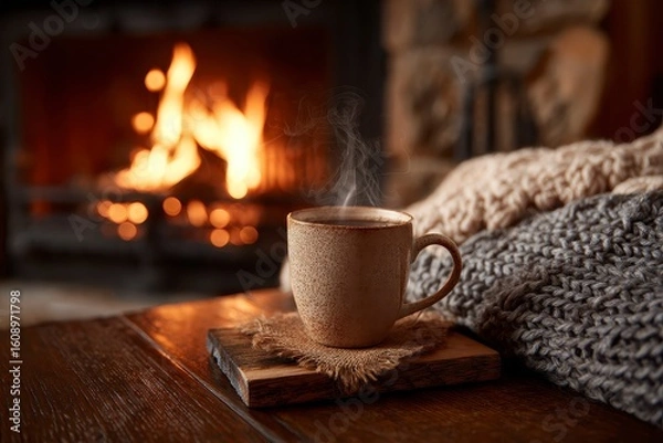 Obraz Cozy Winter Coffee Fireplace Warmth