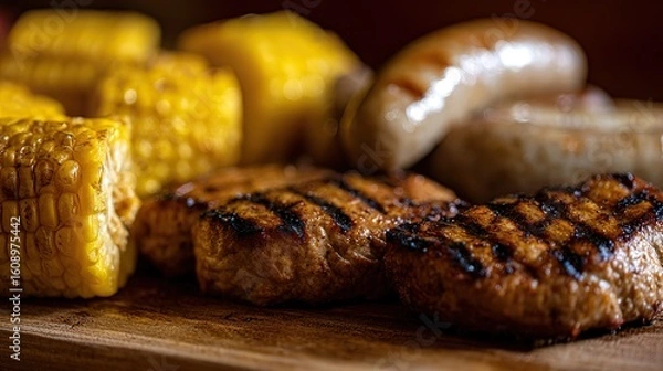 Fototapeta Sausages, corn on the cob, and steaks grilled outdoors in close-up, cooked over open fire with golden-brown texture, blurred background, soft focus, warm sunlight for inviting summer grilling.