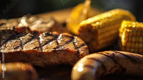 Fototapeta Sausages, corn on the cob, and steaks grilled outdoors in close-up, cooked over open fire with golden-brown texture, blurred background, soft focus, warm sunlight for inviting summer grilling.