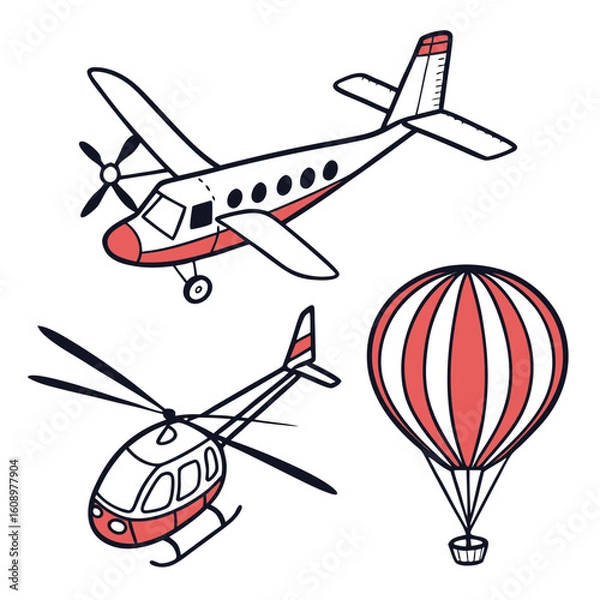Fototapeta Airplane helicopter hot air balloon icons travel transport