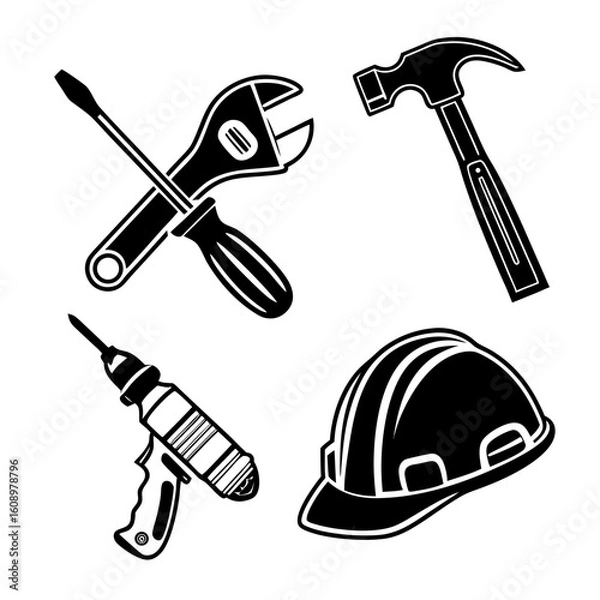 Obraz Black construction tools and hard hat icons hammer wrench