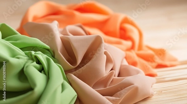 Fototapeta Close-up shots of different colored fabrics on a wooden table against a light wood background showcase high-quality materials and elegant designs with unique colors and textures.