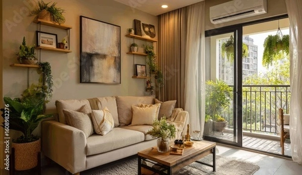 Fototapeta Serene living room showcases a cozy sofa, natural light, and a charming balcony adorned with lush greenery creating a tranquil indoor outdoor space.