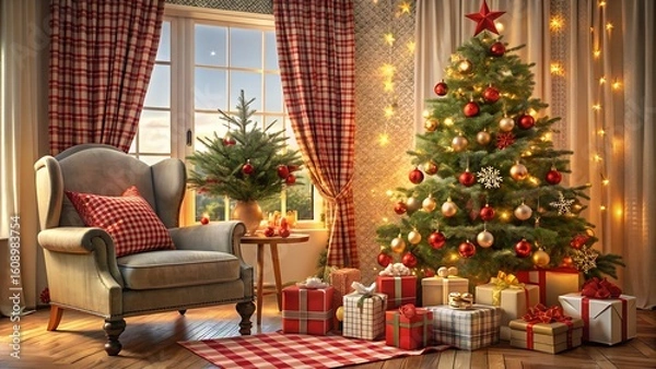 Fototapeta Cozy christmas living room with decorated tree and armchair