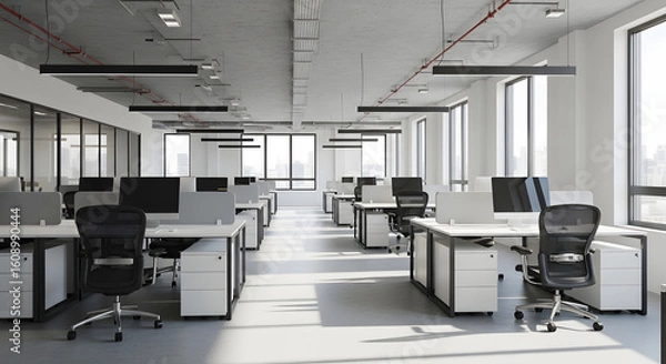 Fototapeta Bright Modern Empty Open-Plan Office Space with Workstations and Large Windows