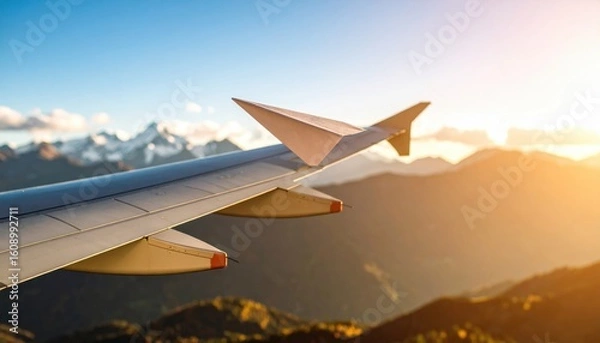 Fototapeta Airplane Wing Over Golden Hour Mountain Range
