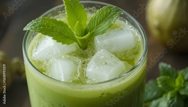 Fototapeta Iced Matcha with Fresh Mint and Cucumber Garnish
