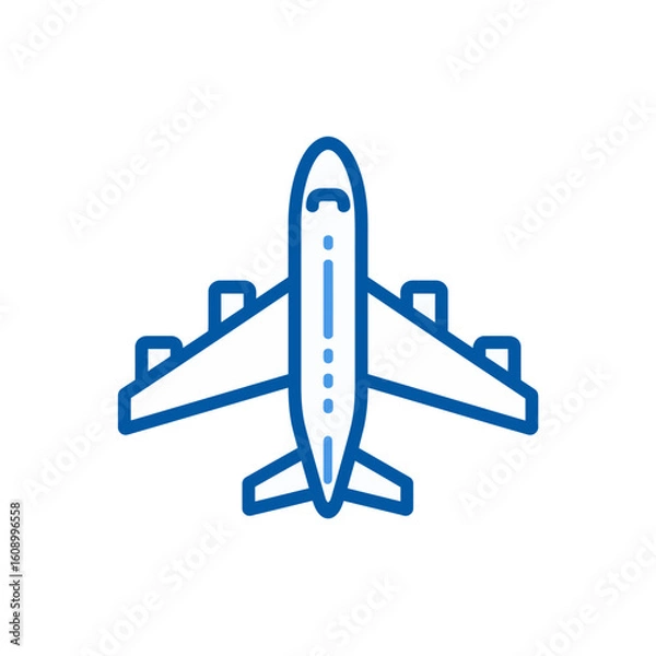 Fototapeta 
Minimal line logo of a plane, a vector graphic outline icon on a white background. A simple design with a blue accent color, using basic shapes in a flat, low-detail style with thick lines.