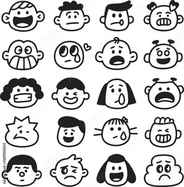 Fototapeta Expressive Faces A Collection of Cartoon Emoticons Portraying a Range of Human Emotions and Personalities in a Minimalist Style