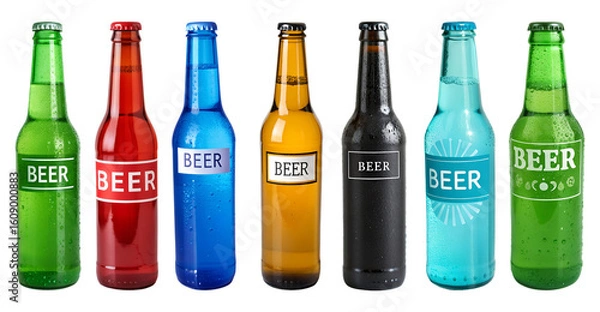 Fototapeta Set of colorful PNG bottles of beer isolated on a transparent background.