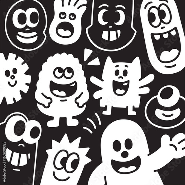Fototapeta Playful Cartoon Characters in Black and White A Whimsical Collection of Diverse and Expressive Faces