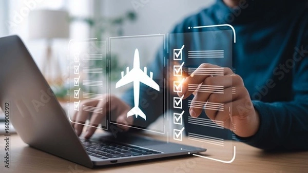 Fototapeta Booking a dream vacation online ticking off pre flight checklists with excitement using virtual interface over laptop