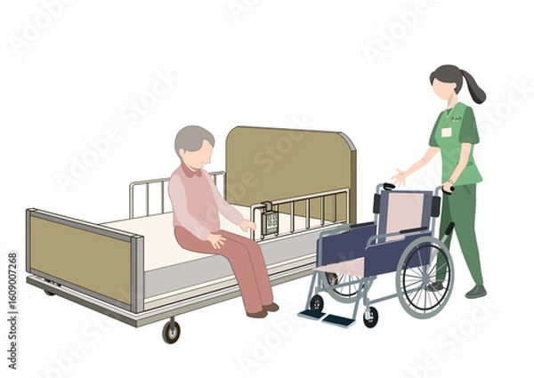 Obraz 介護ベットを試している老人と車椅子でお迎えに来た介護士の絵