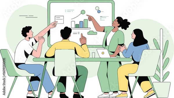 Obraz Collaborative Team Meeting with Professionals Discussing Data Charts and Strategies in Modern Workspace for Business Growth, Analysis, and Decision Making Creative Illustration for Adobe Stock