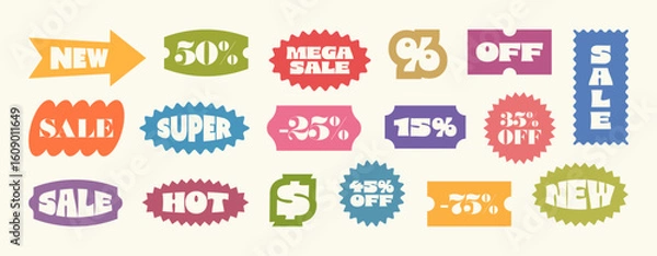 Obraz Collection of colourful promotional stickers with playful text. Retail ribbon badges and label for sale, promotion, marketing and branding. Perfect for commerce, advertising, and sale announcements