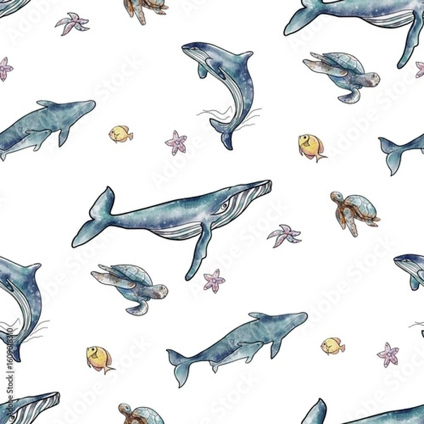Fototapeta Watercolor seamless pattern of underwater creatures whales, fish, turtles, jellyfish, starfish. Use for paper designs, fabrics, children's clothing