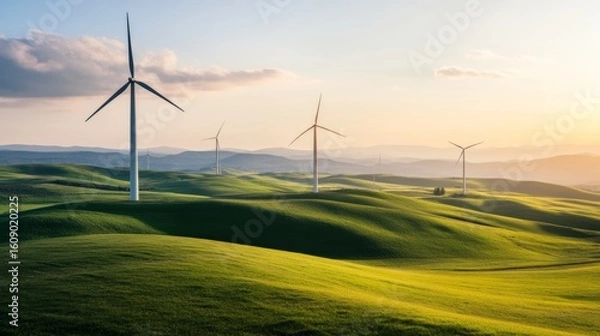 Fototapeta Wind turbines in farmland, contributing to carbon reduction and sustainable power