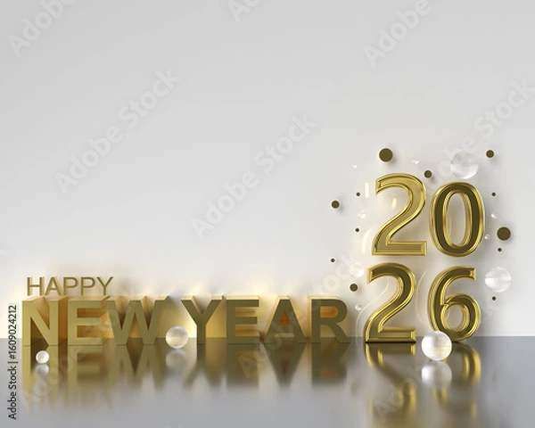 Fototapeta Stylish 3D gold "Happy New Year 2026" text with reflective effects and festive bubbles, perfect for New Year celebrations.