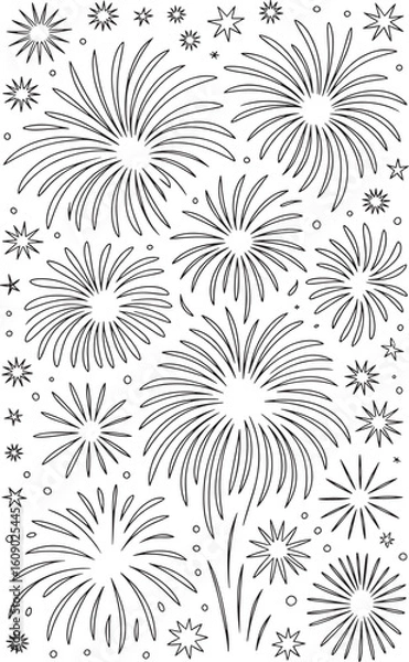Fototapeta Bursting Fireworks Pattern Black and White Seamless Vector Background for Coloring, Festivities and Design Projects, Festive Firework Elements, New Year Fireworks, Happy New Year 