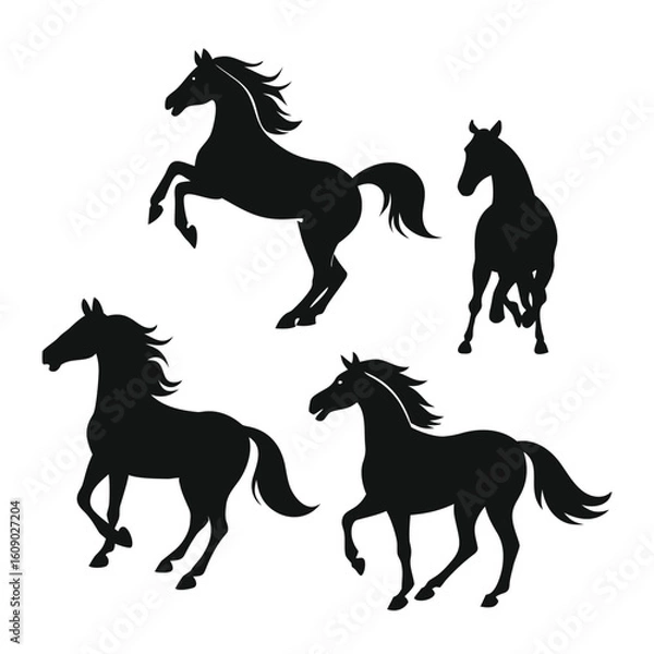 Fototapeta Collection of four distinct horse poses in silhouette style for graphic design projects