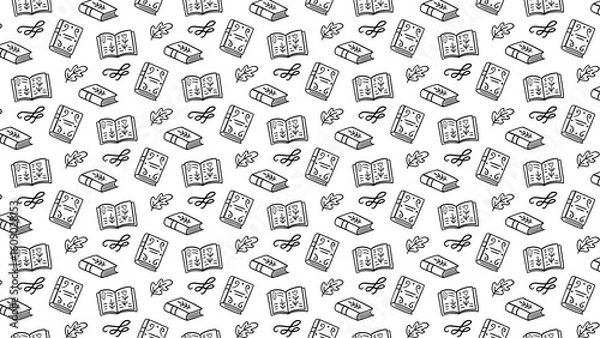 Fototapeta Seamless pattern with books leaves and swirls in black and white perfect for book lovers and readers