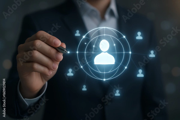 Obraz Businessman holding glowing hologram of digital user icon showing customer network, online targeting, client connection and engagement in a futuristic marketing interface design